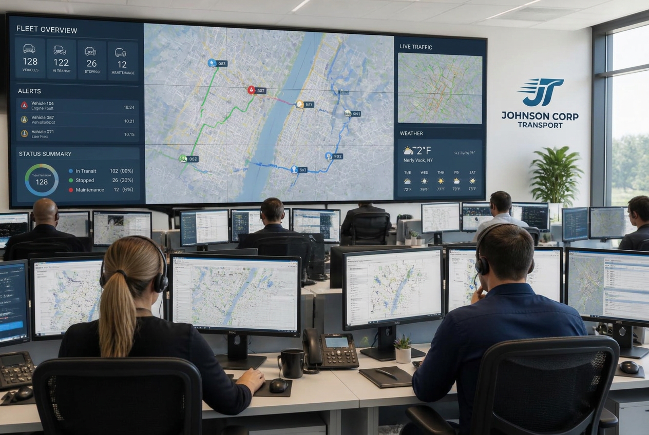 Transport control room monitoring live fleet maps